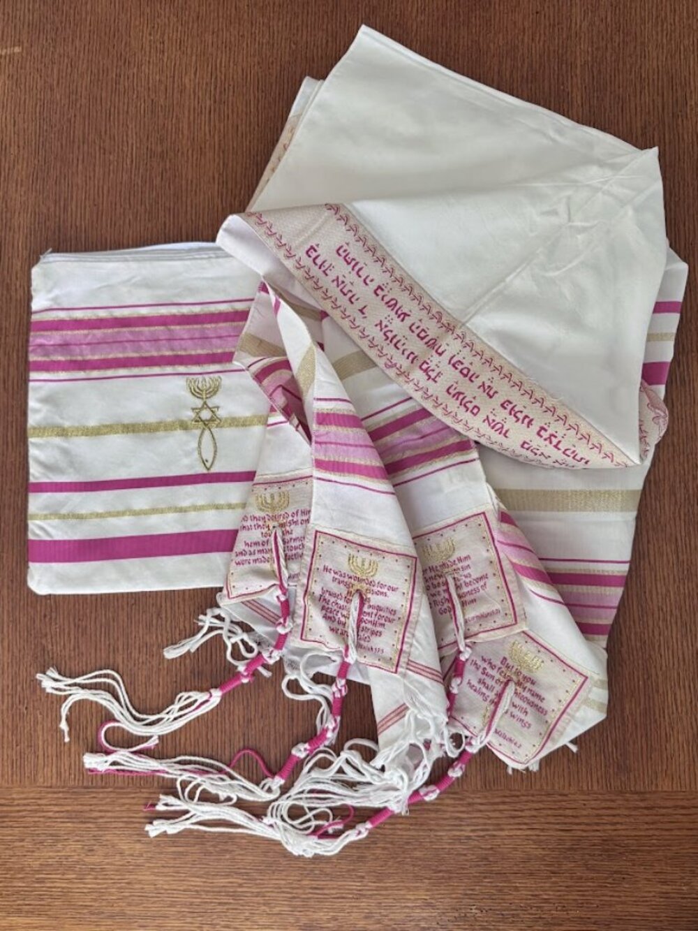 Christian Messianic Pink/Gold/White Prayer Shawl